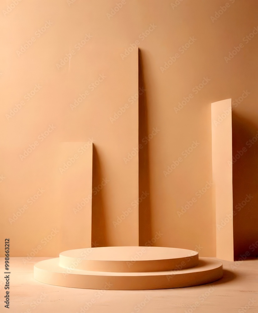 Leinwandbilder a minimalist stage with a circular platform and two vertical columns, set against a light peach back