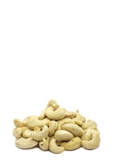 Closeup of Cashew Nut Heap Isolated on White Background with Copy Space, Healthy Eating Dry Fruit