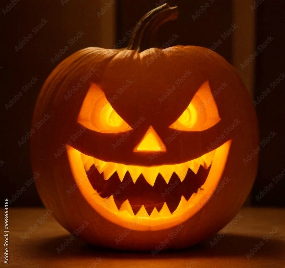 Poster a carved pumpkin with a menacing smile and sharp teeth, illuminated by a warm glow, sits on a wooden