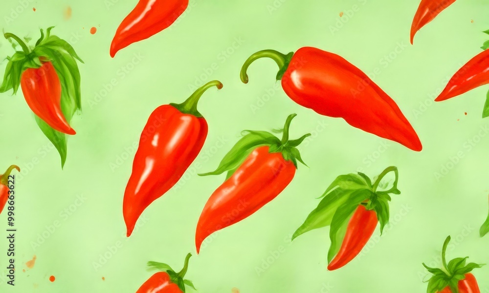 Poster a repeating pattern of red chili peppers with green leaves against a light green background