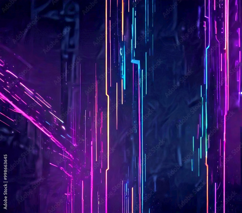 Poster a dark background with a series of vertical lines in various colors, including pink, blue, green, and orange, creating a dynamic and abstract visual effect