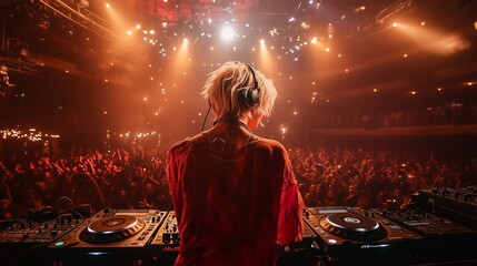 Male DJ performing in front of a crowd, wearing headphones and holding a turntable