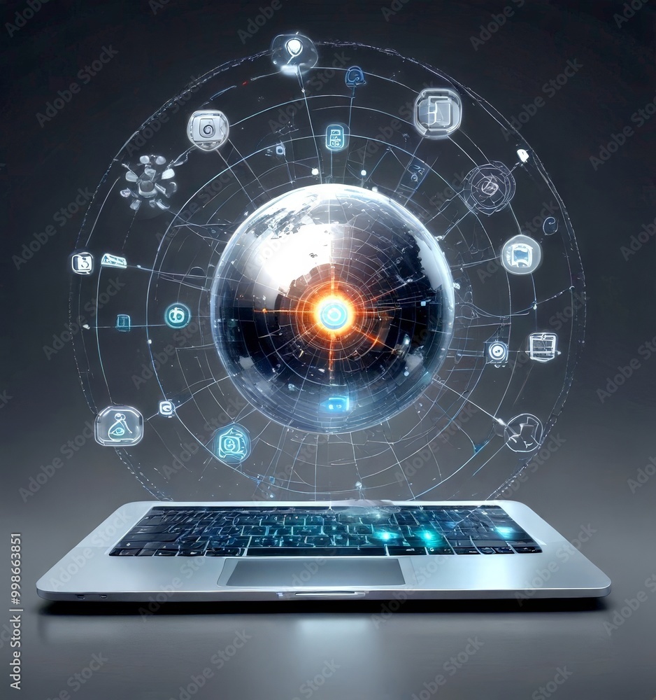 Poster a laptop with a glowing keyboard and a holographic globe, surrounded by a network of interconnected icons and symbols, suggesting a digital or