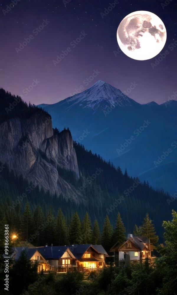 Poster a full moon illuminates a mountainous landscape, casting a soft glow on a cluster of houses nestled 