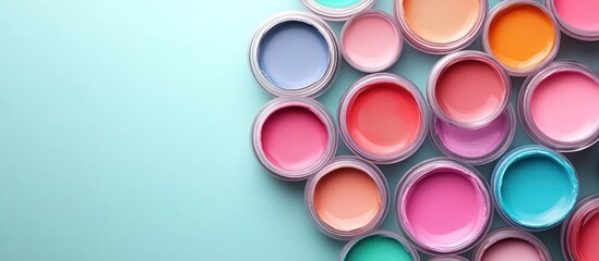 Colorful pots of paint on a light blue background with copy space.