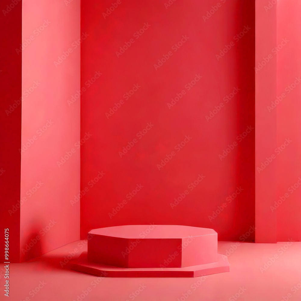 Aufkleber a pink octagonal podium stands in the center minimalist, geometric room with vertical columns on eit