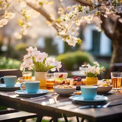 Seasonal spring brunch in a blooming outdoor caf&eacute; with fresh colors and lively atmosphere

