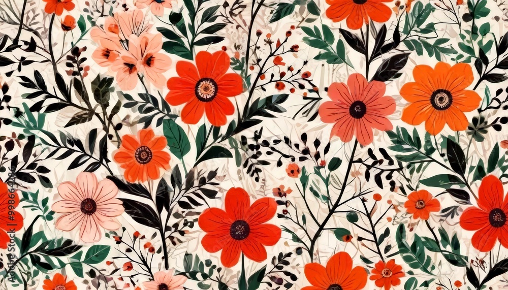 Poster a repeating pattern of orange and pink flowers with black leaves and stems against a light background