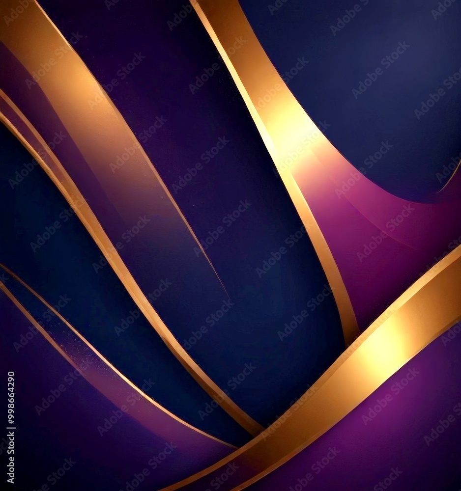 Poster a striking abstract composition of overlapping curved lines in shades of purple and gold, creating a