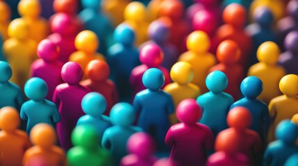 Colorful toy figures stand close together, forming a crowd.