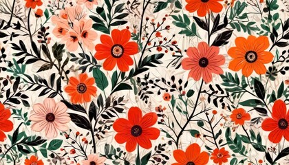 a repeating pattern of orange and pink flowers with black leaves and stems against a light background