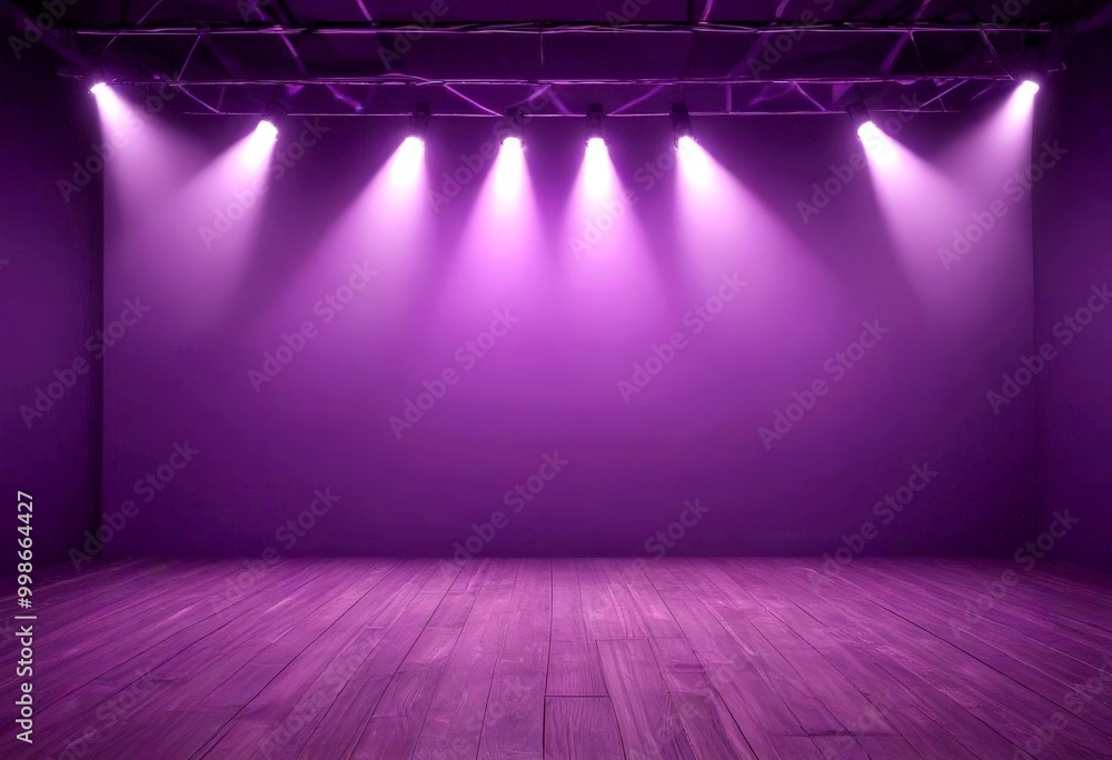 Poster a dimly lit stage with a wooden floor and a grid of spotlights shining down on it, creating a dramat