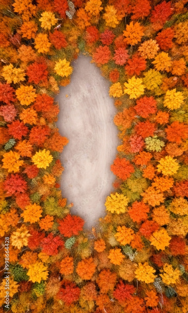 Poster an aerial view forest during autumn, with a winding path cutting through the colorful foliage