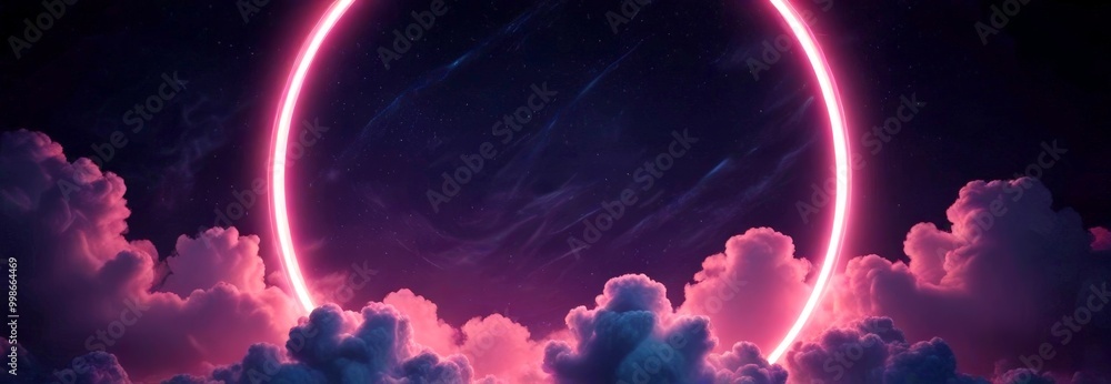 Poster A glowing pink ring encircles a dark sky filled with fluffy white clouds, creating a striking and ethereal visual effect