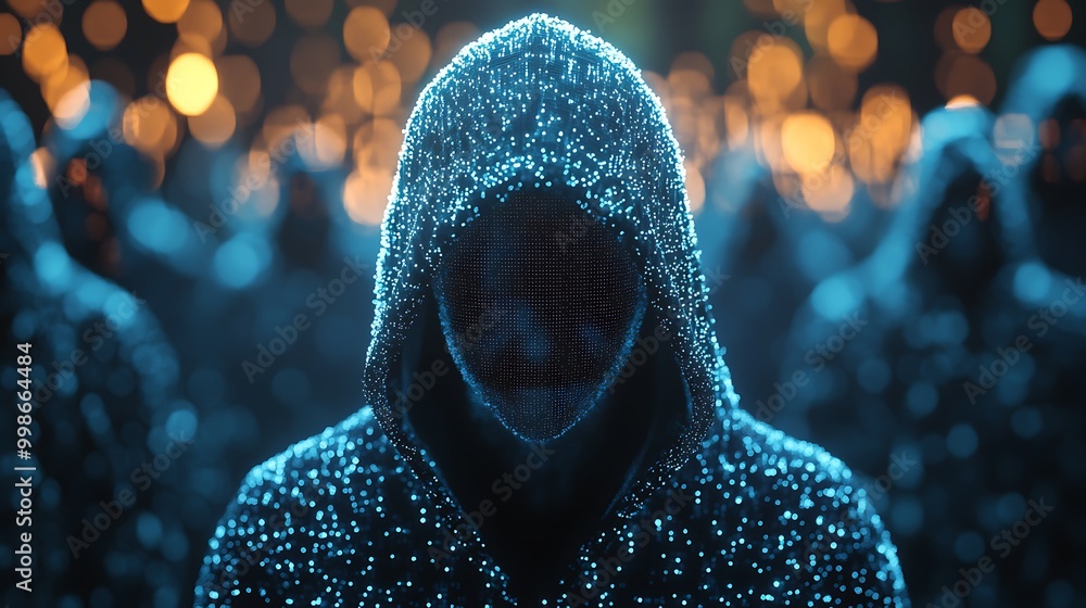 Aufkleber an anonymous hacker materializes in blue holographic light, surrounded by shimmering bokeh.