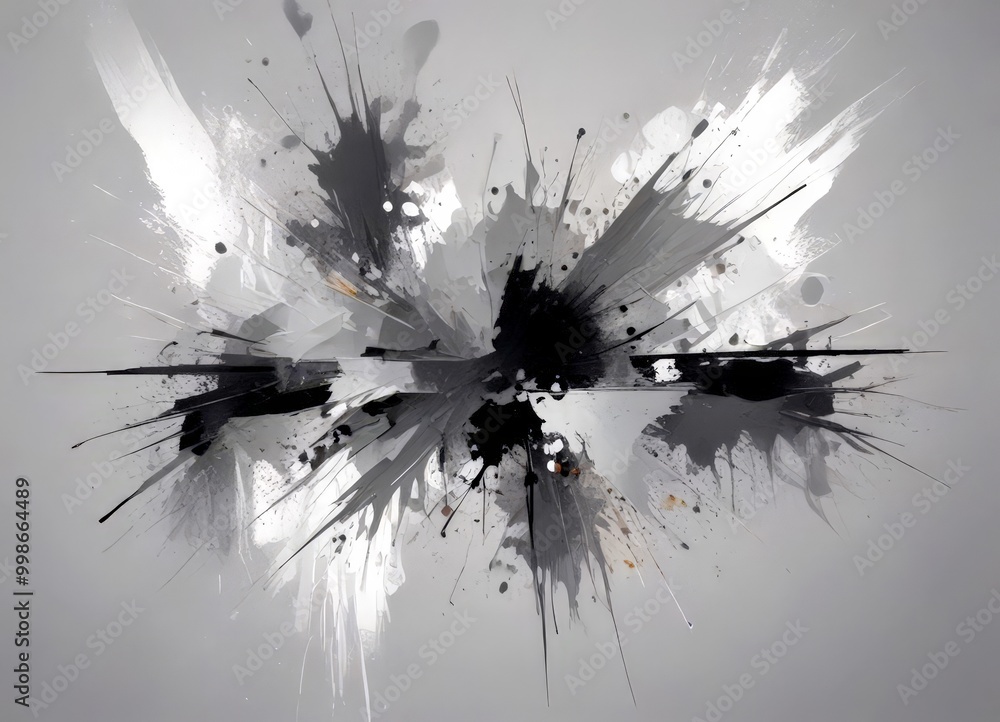 Fototapete an abstract art piece featuring a black and white color scheme, with splashes of color and texture created by the brushstrokes