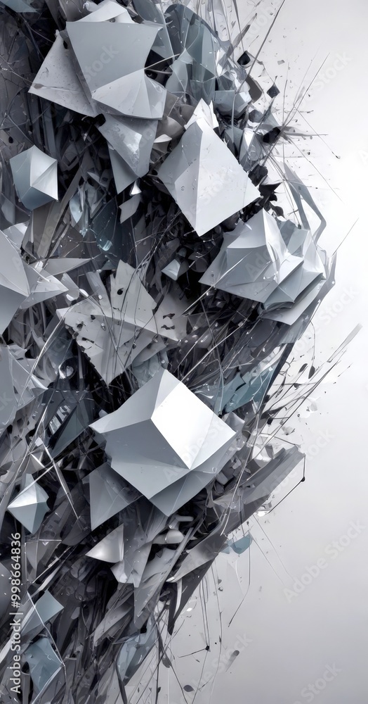 Poster a digital art piece featuring a complex arrangement of geometric shapes and lines, creating a visual
