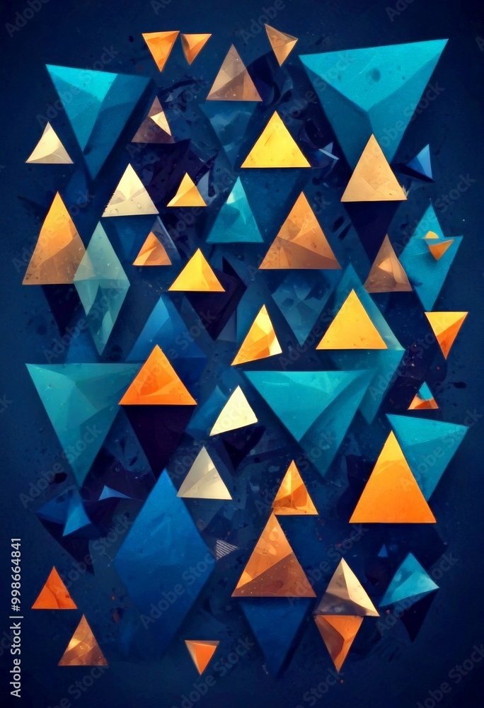 Aufkleber a digital art piece featuring a collection of triangles in various shades of blue, orange, and brown