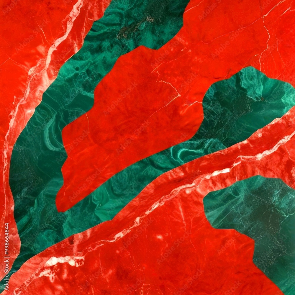 Poster a striking abstract composition of red and green marble, with a central red and green swirl and a wh