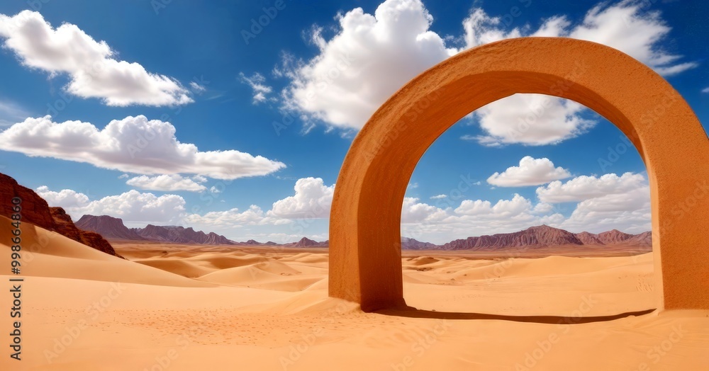 Poster a large, arched sandstone structure stands in the middle vast desert landscape, with mountains and a