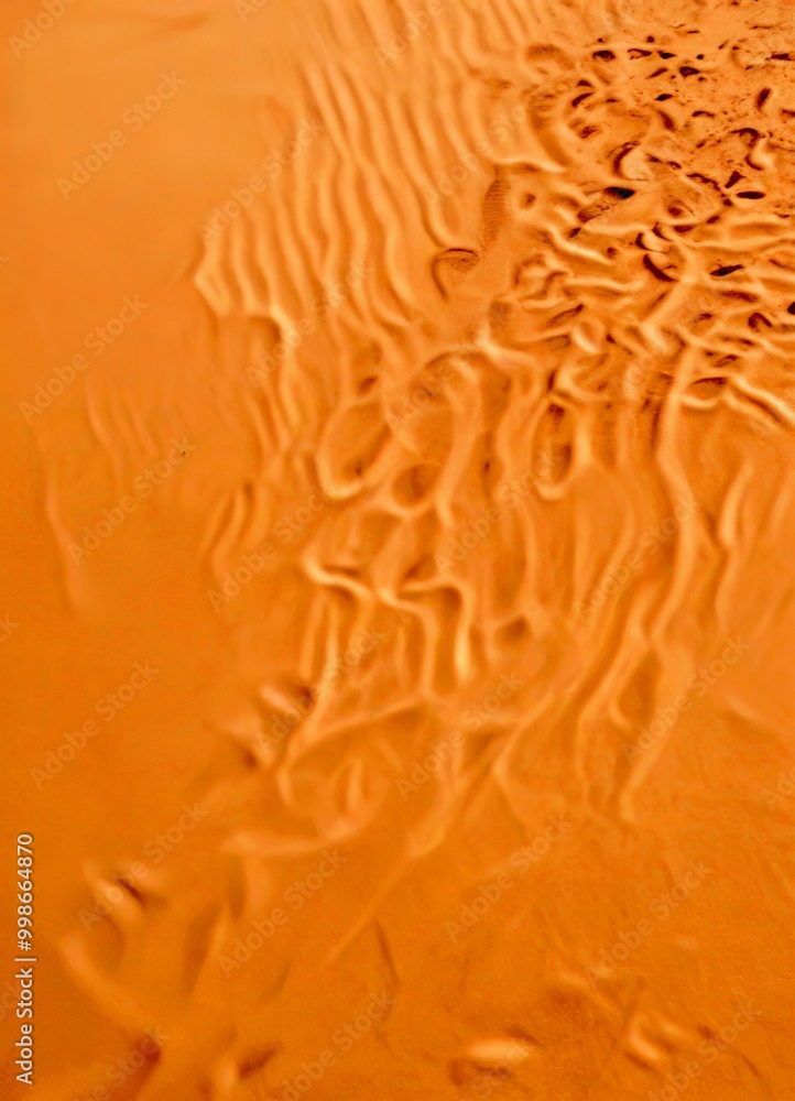 Poster a close-up view sandy surface, with a pattern of footprints and ripples created by the wind and move