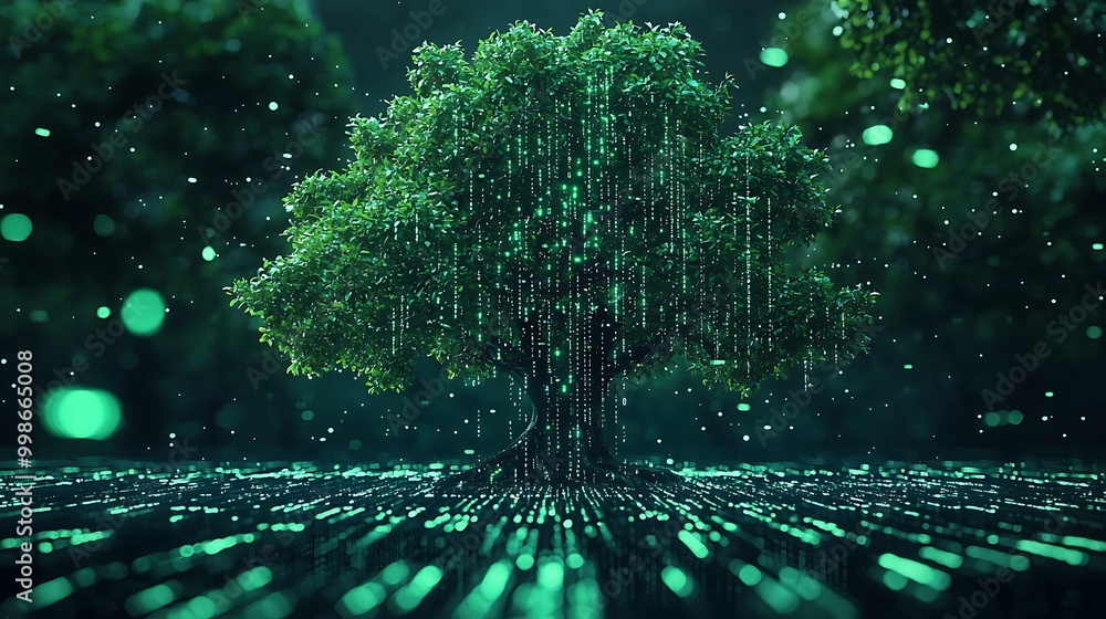 Poster a digital tree of green binary code emerges, representing the union of technology and nature.