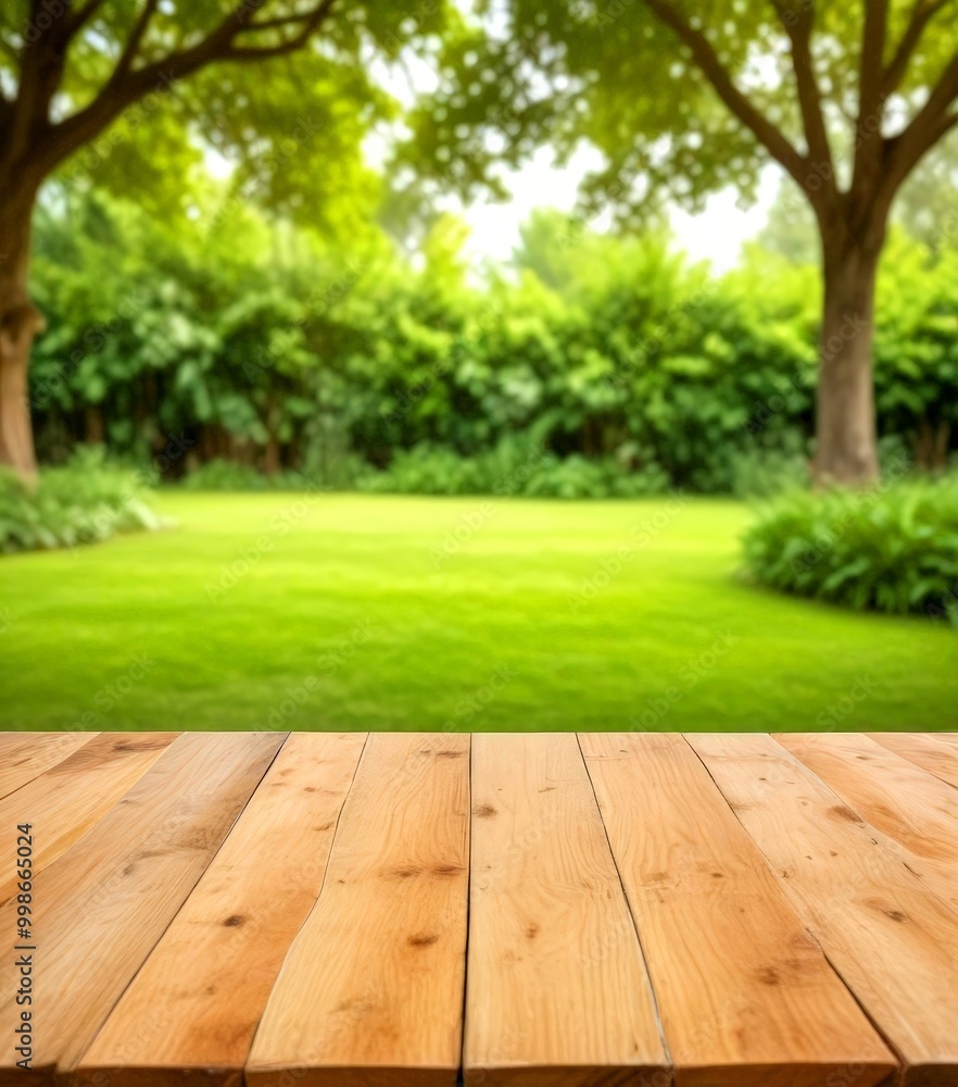 Poster a wooden table sits in the foreground, with a lush, verdant lawn and trees in the background