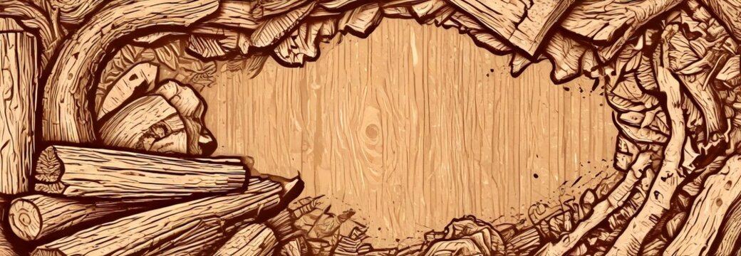 a digital illustration featuring a wooden background with a central circular frame, surrounded by a variety of wood textures and patterns