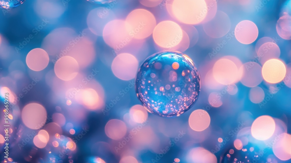 Poster abstract glowing bubbles in pink and blue, creating a soft and magical atmosphere with pastel light 