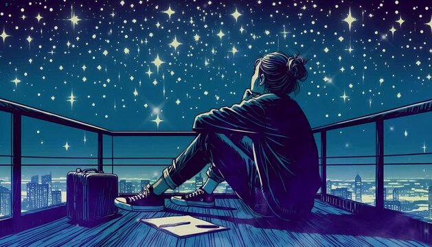 Lofi sad girl anime cartoon sitting on a rooftop. Lofi Loop Motion Background Cover