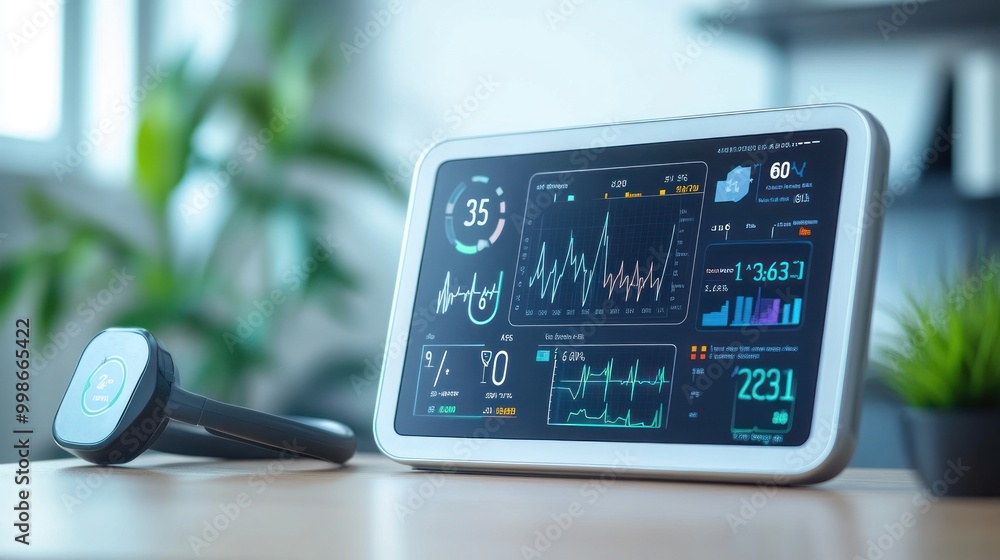 Poster a digital health monitor displaying vital signs and data analytics on a touchscreen interface.