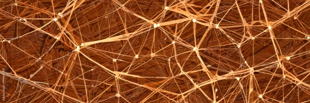 Poster a close-up view brown, textured surface with a complex network of intersecting lines and dots, resembling a spider web or a dense, tangled web