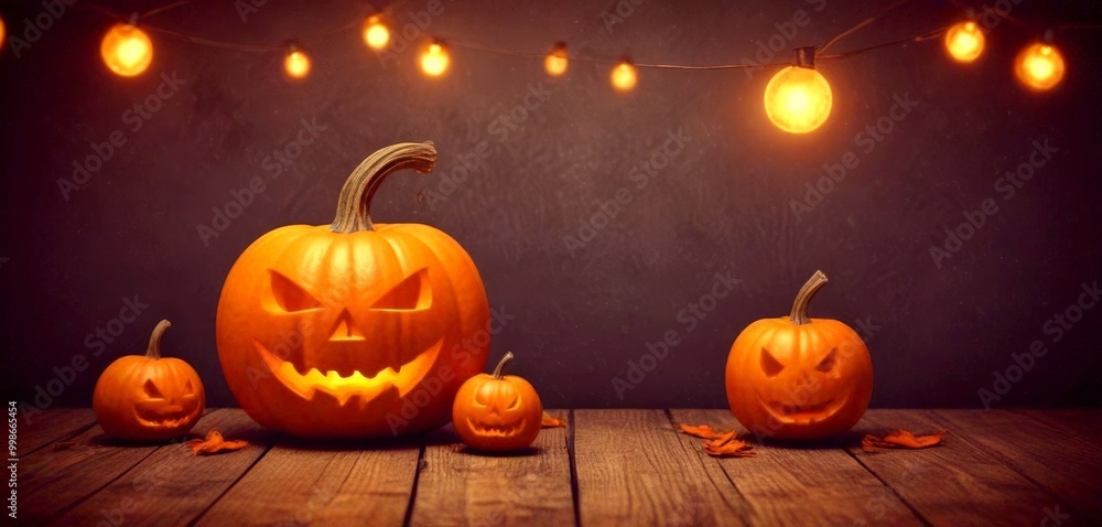 Poster three carved pumpkins with glowing jack-o'-lantern faces sit on a wooden surface, accompanied by a s