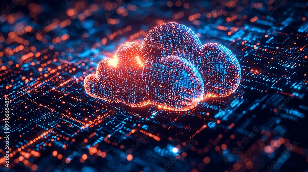 Poster blue and red lights flash through an abstract cloud computing concept, signaling the power of digita
