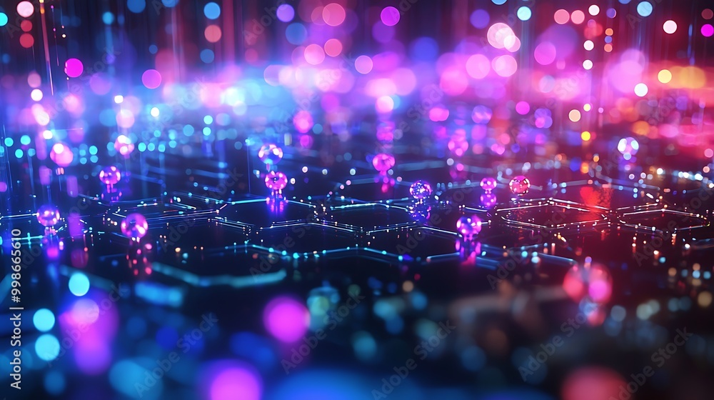 Poster neon lights and hexagon patterns pulse in a futuristic backdrop, alive with the hum of innovation.