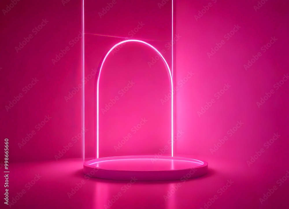 Poster A minimalist, circular platform with a curved arch is illuminated by a pink light, creating a serene and tranquil atmosphere