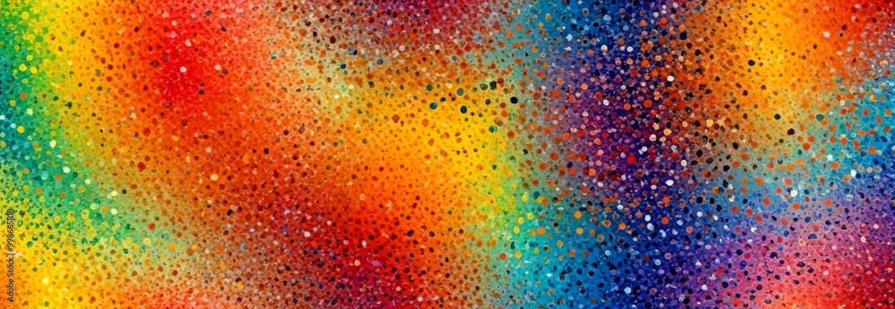 Poster a vibrant abstract painting featuring a colorful array of dots in various sizes and colors, creating a dynamic and visually striking composition
