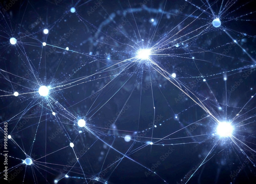 Poster a complex network of interconnected nodes and lines, resembling a digital or technological system The nodes are scattered across the frame, connected by lines that extend