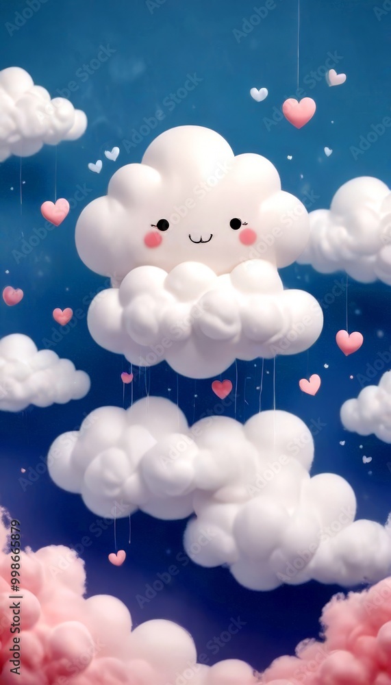 Poster a whimsical scene smiling cloud surrounded by floating hearts and pink clouds against a blue sky