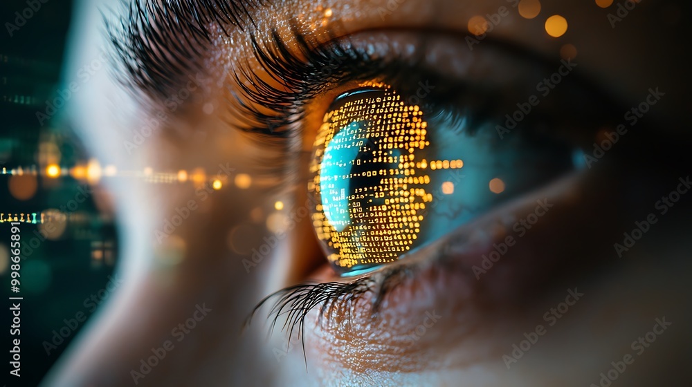 Aufkleber a human eye reflects binary code, glowing against the soft shimmer of bokeh lights.