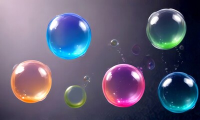 A collection of colorful, transparent soap bubbles floating against a dark background