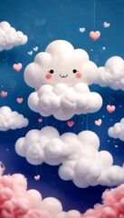 A whimsical scene smiling cloud surrounded by floating hearts and pink clouds against a blue sky