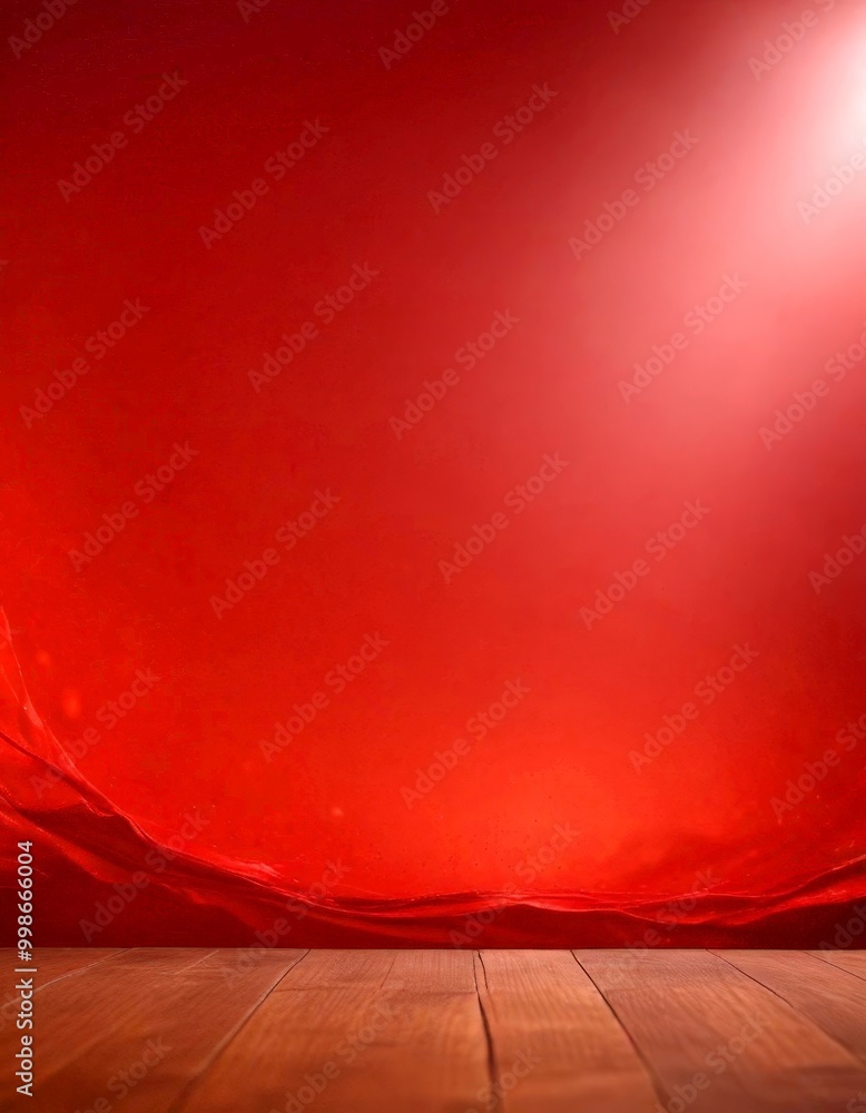 Poster a red curtain or fabric draped over a wooden floor, with a spotlight shining from the right side, cr