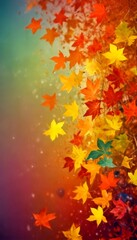 A vibrant display of autumn leaves in various shades of orange, yellow, and red, scattered across a gradient background