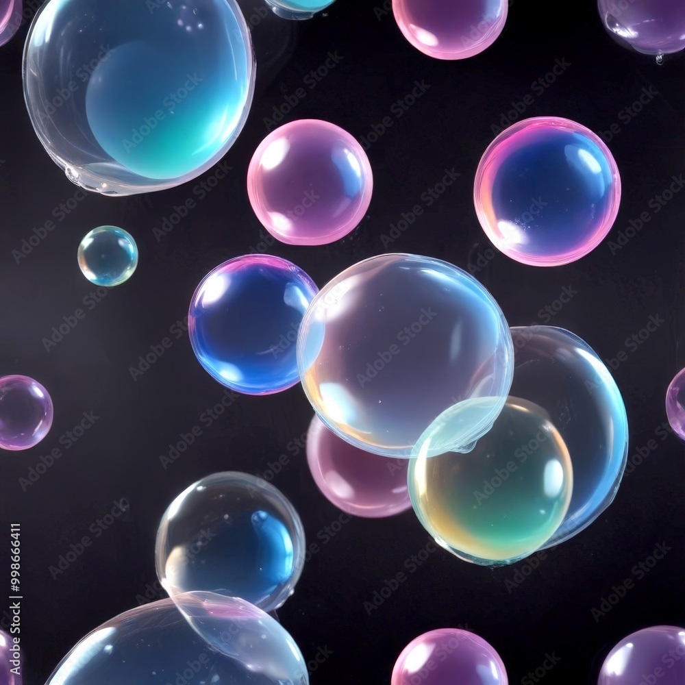 Poster a collection of colorful, transparent soap bubbles floating against a dark background