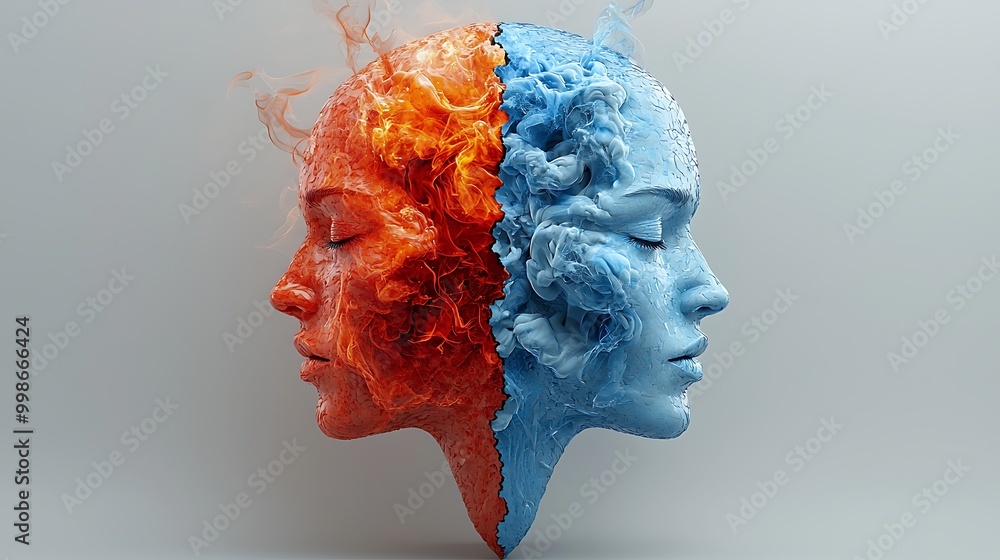 Poster an abstract face, split between fire and ice, reflects the duality of opposing forces in a conceptua