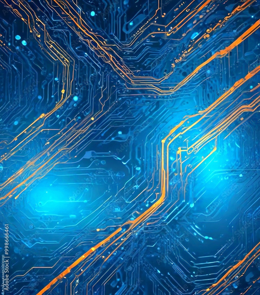 Poster a complex, abstract digital circuit board with intricate lines and patterns in shades of blue and orange