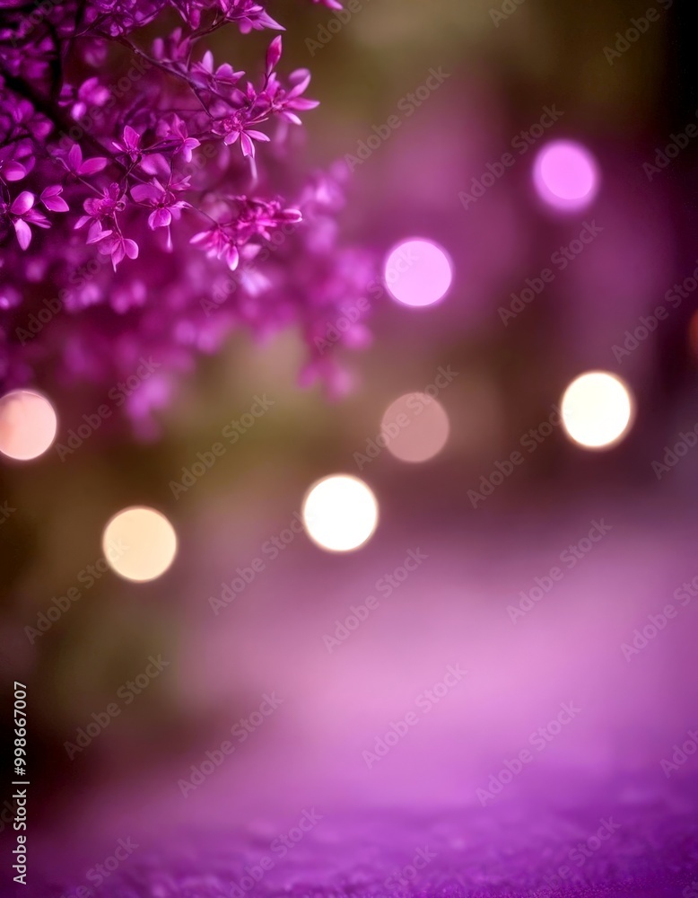 Poster A close-up view branch with purple flowers, with blurred lights in the background creating a bokeh effect