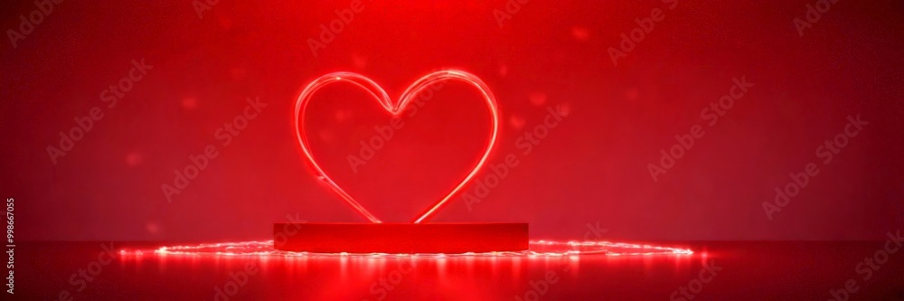 Poster a glowing red heart-shaped light illuminates a red pedestal, casting a warm glow and reflecting on t