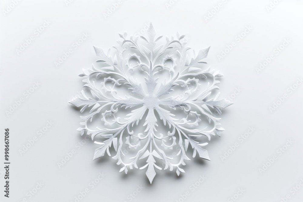 Poster intricately cut out paper snowflake resting on a white background, creating a delicate and festive w